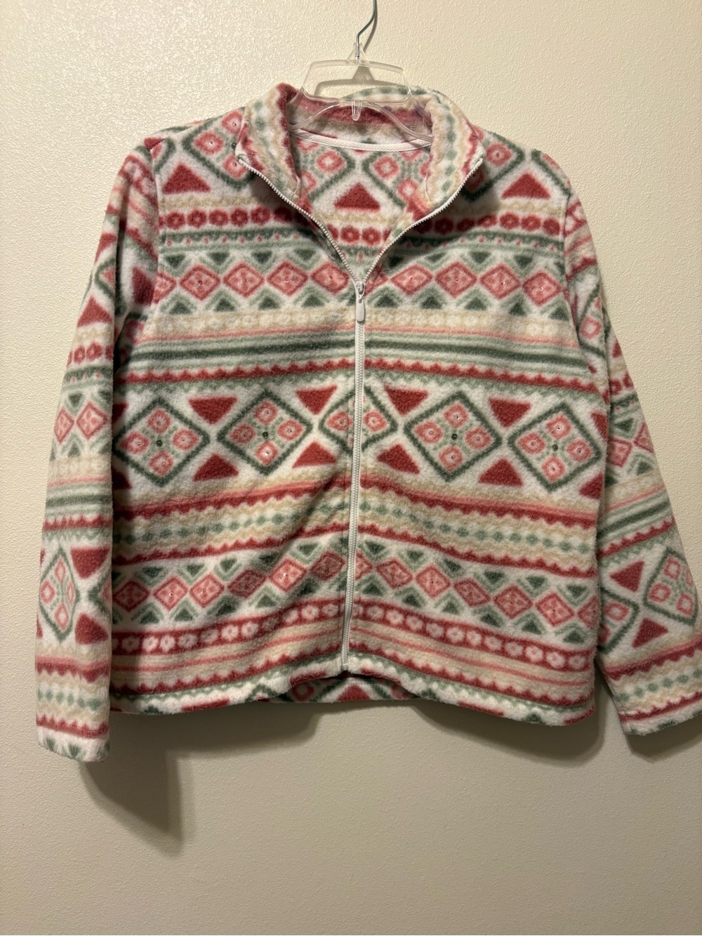 Woman’s Zip Front Fleece Jacket in Cream, Pink & Green